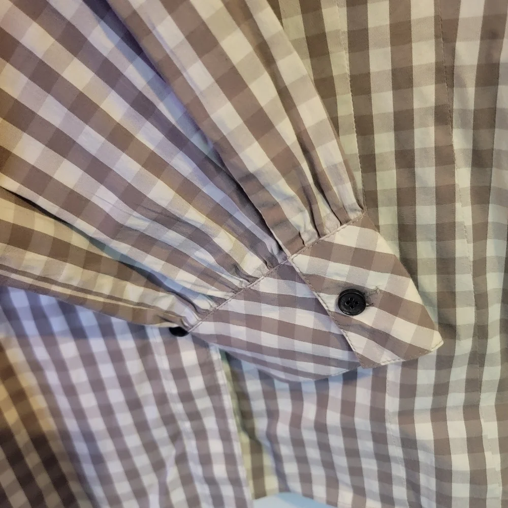 Lafayette 148 Taupe and Cream Plaid Gingham Button Down Blouse size 10 - Picture 3 of 9